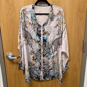 Johnny Was Light Grey Botanical & Zebra Print Button-Down Blouse